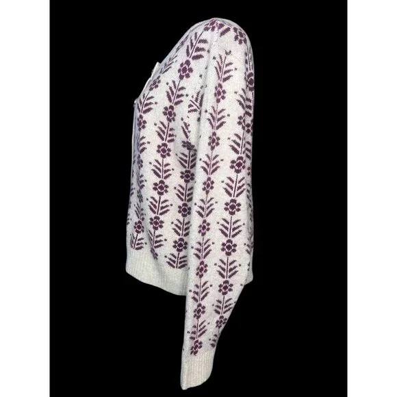 Francescas Floral Nordic Cardigan Sweater Women M Cream Purple Button Wool Blend - Picture 3 of 8